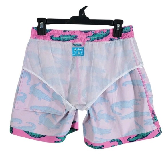 Vtg Chubbies 5.5" Shorts Mens S 28-30 Green Pink Alligator AOP Elastic Waist - Picture 5 of 9